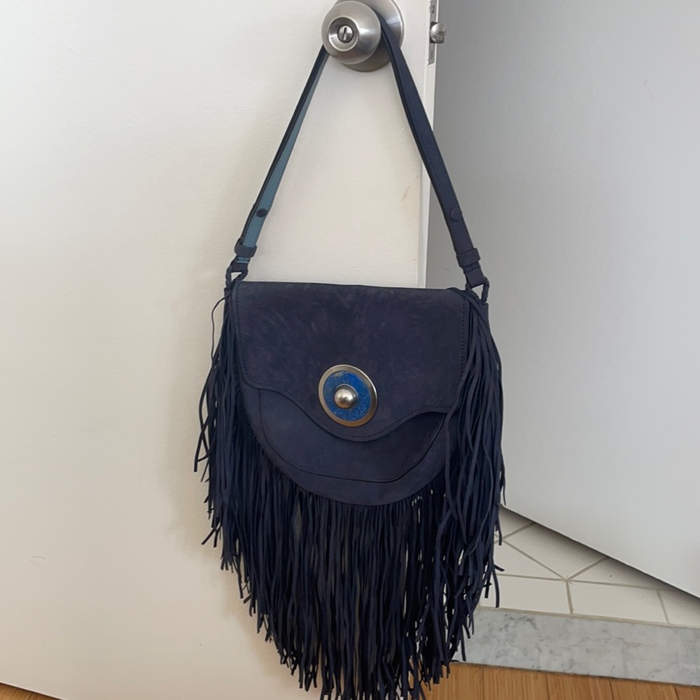 Tory Burch Navy Fringe Suede Hobo